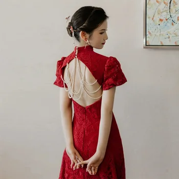 Zarif Dantel Çiçek düğün elbisesi Backless Qipao Kadınlar Seksi Hollow Out Cheongsam'lar Gelin Vestidos Çin Elbiseler Balo