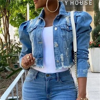 Moda Kabarcık Uzun Kollu Yaka Düğmesi Ekleme Denim Ceket Kadın Kırık Delik Püskül Giyim Trendi Streetwear kadın Ceket
