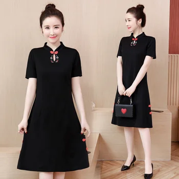 2021 M-4XL Artı Boyutu Vintage Siyah Nakış Çin Geleneksel Qipao Rahat Parti Kadın Midi Elbise Yaz Cheongsam Elbiseler