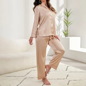 2023 İpek Saten Pijama Bayan Pijama Seti Uzun Kollu Pijama Kadın Pijama Takım Elbise Kadın İki Parçalı Set Loungewear