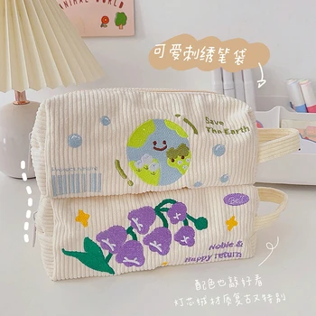Büyük Kapasiteli Sevimli Karikatür Kalem Kutusu Kore Çiçekler Nakış Kozmetik Çantası Öğrencileri Kalem Çantası Kozmetik çanta
