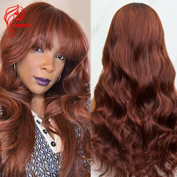 Hesperis Kırmızımsı Kahverengi Vücut Dalga insan saçı kahküllü peruk Brezilyalı Remy Saç Derisi Üst Tam Makine Yapımı Peruk Siyah Kadınlar İçin
