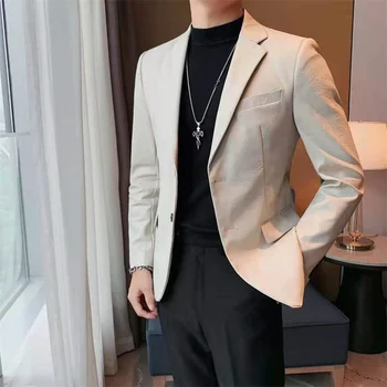 2023 Erkek Katı İnce Takım Elbise Ceket Yüksek Kaliteli PU Deri İş Rahat Balo Blazer Kore S-3XL