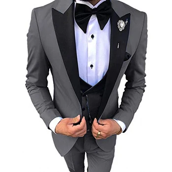 Erkek iş rahat 3 parçalı damat Tailcoat Tepe siyah yaka resmi parti Balo elbise (ceket + pantolon + yelek)