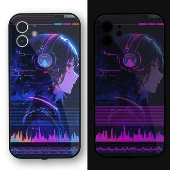 Cyber Anime Kız Gelecek Tarzı Baskı Temperli Cam İşıklı Flaş Kutusu ile Uyumlu iPhone 7 8 Artı X Xs XR 11 12 13 1