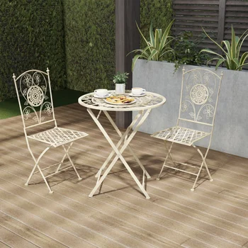 Lüks Ev Katlanır Bistro Seti-Kafes ve Çiçek Tasarımlı 3 Parçalı Masa ve Sandalyeler-Bahçe, Veranda için Dış Mekan Mobilyaları,