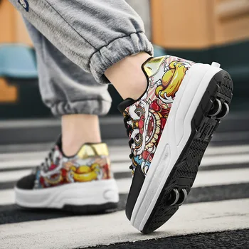 Çocuklar Paten Ayakkabı 4 Tekerlekli Aydınlık Şarj Edilebilir Çocuk Erkek Kız Sürgülü Deforme Sneakers Led Flaş Ayakkabı Hediye