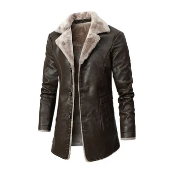 Erkek orta uzunlukta deri ceket sonbahar ve kış iş Euro artı polar büyük yaka takım elbise peluş kürk erkek ceket