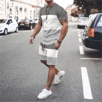 3D Rahat erkek tişört Seti Spor Erkek Büyük Boy Giyim Kısa Kollu Şort Takım Elbise Erkek T-shirt Takım Elbise Yaz plaj şortu