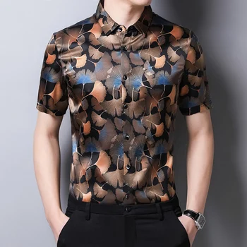 Rahat Premium Gerçek Ipek Erkek Gömlek Kısa Kollu 3D Baskılı Yaz Kaliteli Pürüzsüz Nefes Rahat Lüks Camisas De Hombre