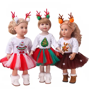 4 Adet oyuncak bebek giysileri Aksesuarları Noel Gömlek, Saç Tokası, Beyaz Çizmeler Fit 18 İnç amerikan oyuncak bebek ve 43cm Yeni Doğan Kız DIY Hediye Oyuncak