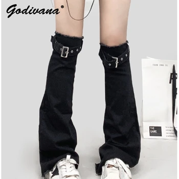 Y2K Sıcak Kız Siyah Yıkanmış Denim bacak ısıtıcısı kadın Paspas Kazık Tarzı Pantolon Diz Çizmeler Üzerinde Tüp Çorap Gelgit yüksek çorap