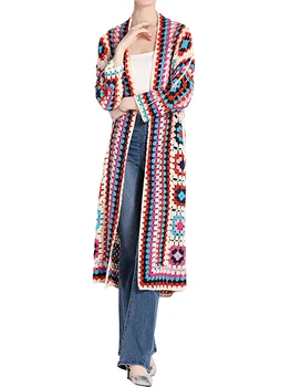 Kadın Çiçek Tığ Uzun Hırka rahat uzun kollu Açık ön örgü kazak Bohemian Jumper Dış giyim Ceket