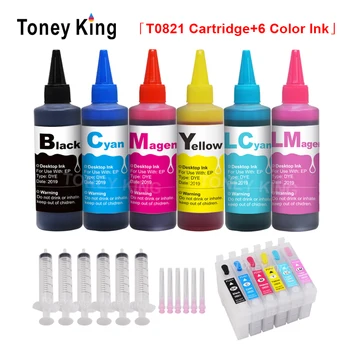 Toney Kral 600ml Şişe Boya Mürekkep + 6 Renk T0821 Doldurulabilir Yazıcı Mürekkep Kartuşları İçin Epson Artisan 635 725 730 835 837 1430