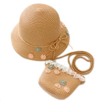 2 Adet Hasır Şapka çanta seti Çocuk Yaz Çiçek Katlanır Vizör Plaj Çocuk güneş şapkası Hasır Çanta Erkek Kız Kore Tatlı Sevimli