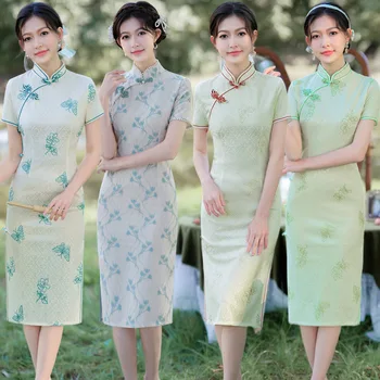 2023 İlkbahar Yaz Çin Cheongsam Kadınlar için Kompozit Dantel Nakış Standı Yaka Retro Giyim Qipao Kadınlar İçin Genç Kızlar