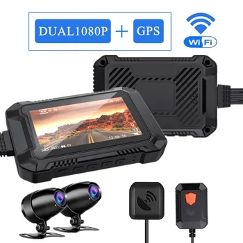 WiFi GPS Motosiklet Kamera AHD 1080P Çift Lens Dash kamera Moto Eylem Kamera Su Geçirmez Bisiklet Kamera Motosiklet Dashcam Kaydedici
