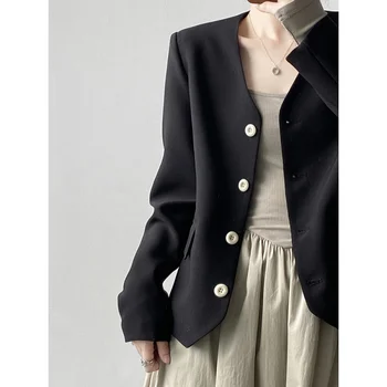 Sonbahar Kore moda kadın ceket takım elbise ışık lüks kıdemli gevşek kısa siyah uzun kollu kadın bluz